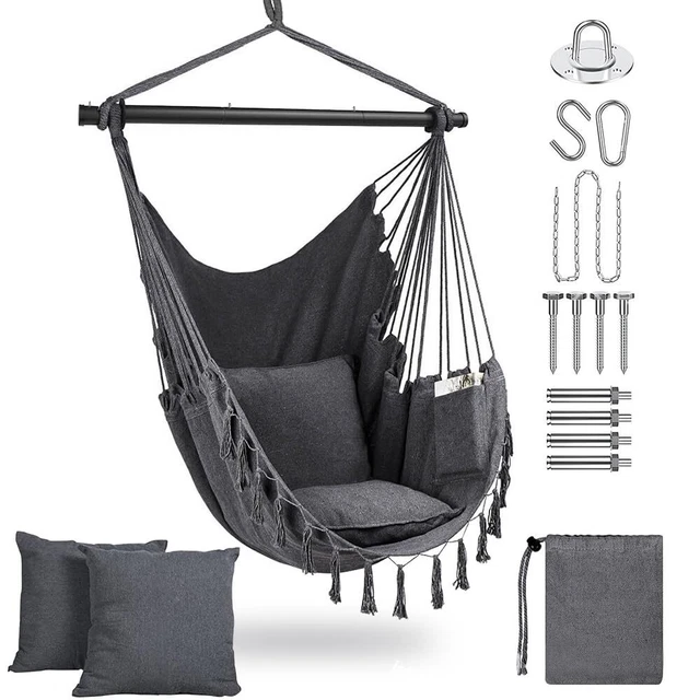 Chaise à Bascule Suspendue En Macramé – Siège Hamac Avec Coussins, Charge 150 Kg, Pour Terrasse, Jardin, Intérieur, Style Bohème