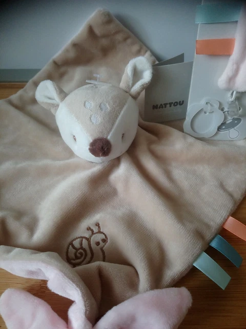 Doudou plat biche faon beige rose escargot attache tétine assorti Nattou neuf 2