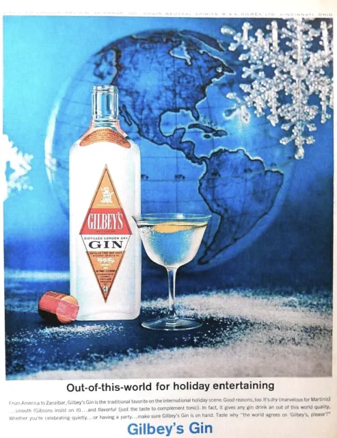 Gilbey's London Gin ad vintage 1963 world globe snowflake advertisement ad
