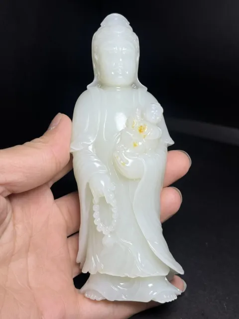 Chinese Exquisite Handmade Guanyin and Child carving Hetian Jade Statue