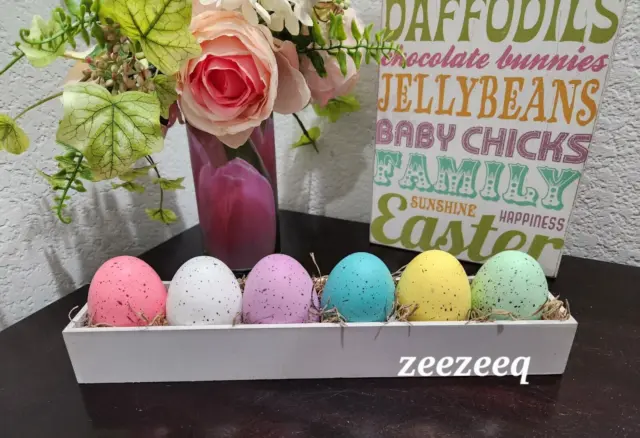 Novogratz Easter Pastel Speckled Eggs in Wooden box Basket Tabletop Decor 12"