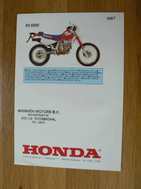 H257 Honda Brochure Xr600R Dutch 1 Pages With 1987 Date Sticker