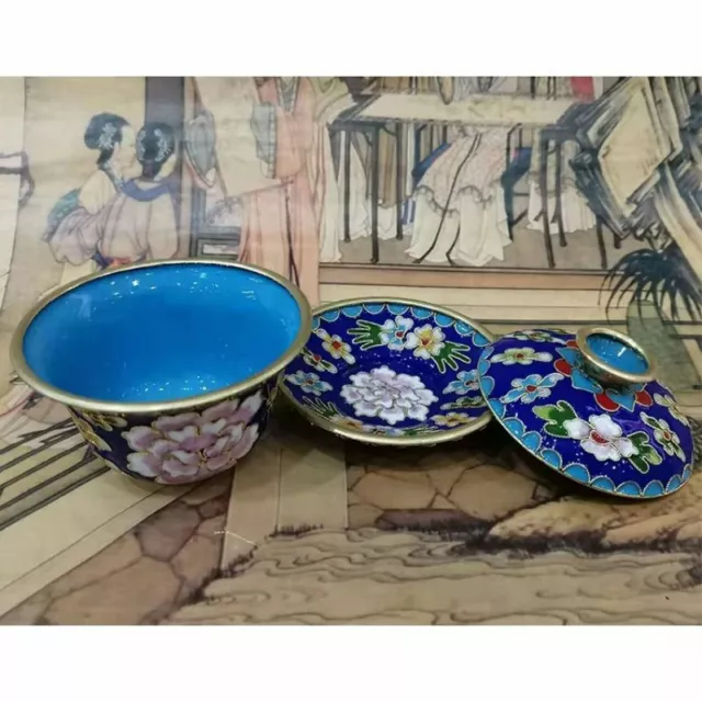 Boutique Chinese Cloisonne Hand-Painted Flower Teacup & Lid