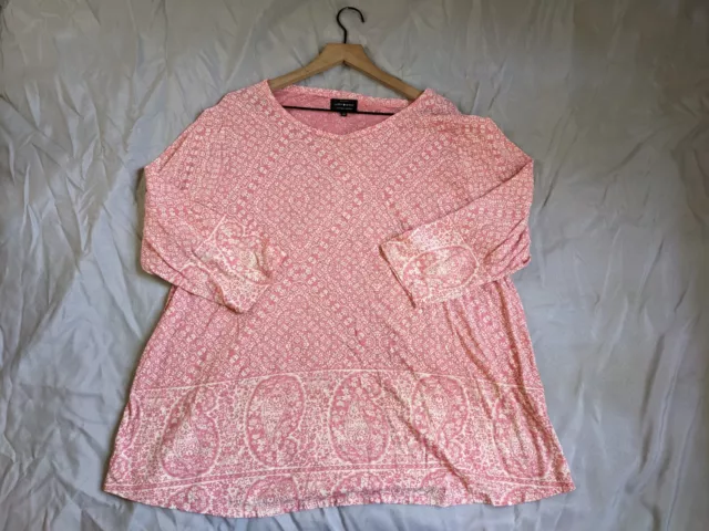 Lucky Brand Top Pink Knit Paisley 3/4 Sleeve Round Neck Shirt Womens Size 3X