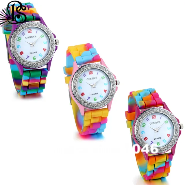 Women Rhinestone Rainbow Color Silicone Quartz Watch Colorful Teen Girls Watches