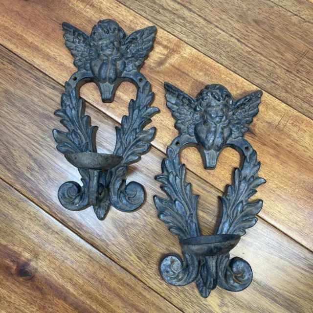 Cast Iron Wall Sconce Cherub & Heart 8 1/2" Ornate Candle Holder Vintage Pair -