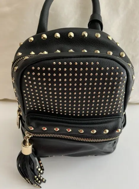 NWOT BEBE Mini Backpack Purse With Studs Blk 2 Zippers Inner Pocket Faux Leather