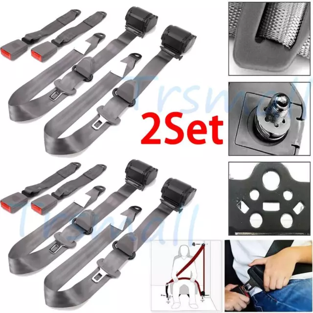 2Set 3 Point Retractable Car Safety Seat Belt Lap Diagonal Belt Adjustable Gray