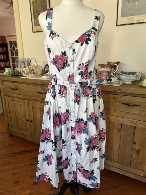 Collectif Sz 12 NWT White Floral Summer Dress 50s 60s Rockabilly Vintage Style