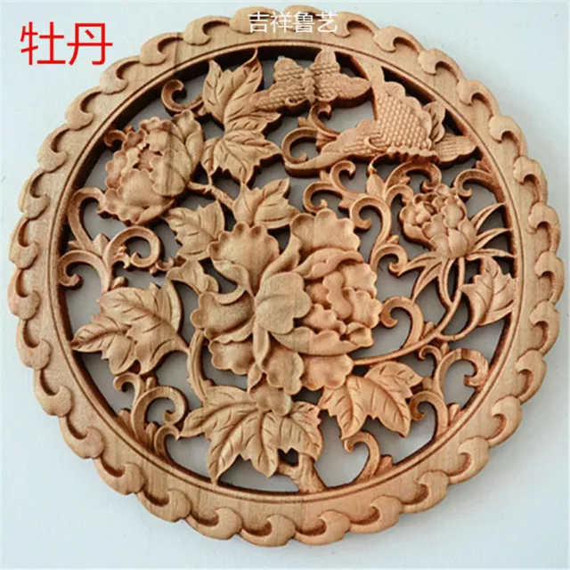 CHINESE HAND CARVED 牡丹 STATUE CAMPHOR WOOD ROUND PLATE WALL SCULPTURE decoration