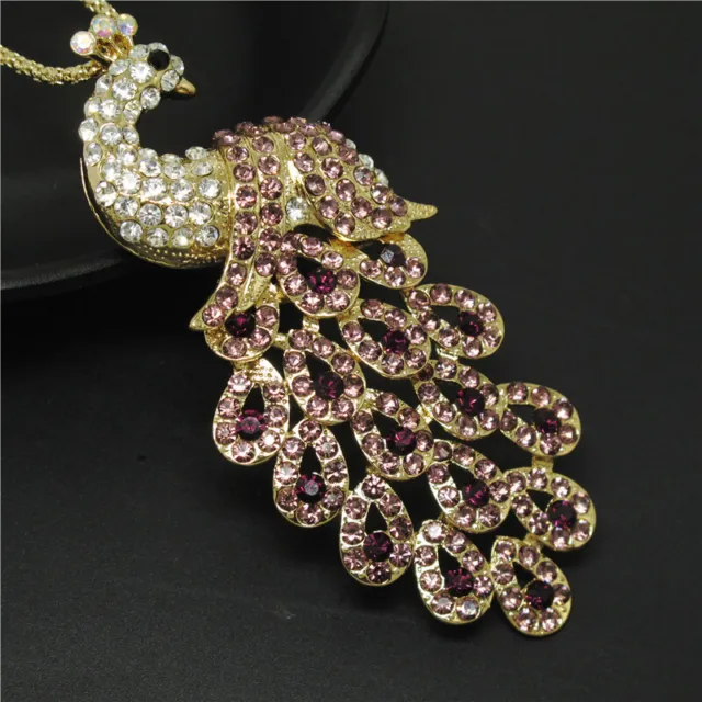 Betsey Johnson Rhinestone Purple Bling Peacock Crystal Pendant Chain Necklace