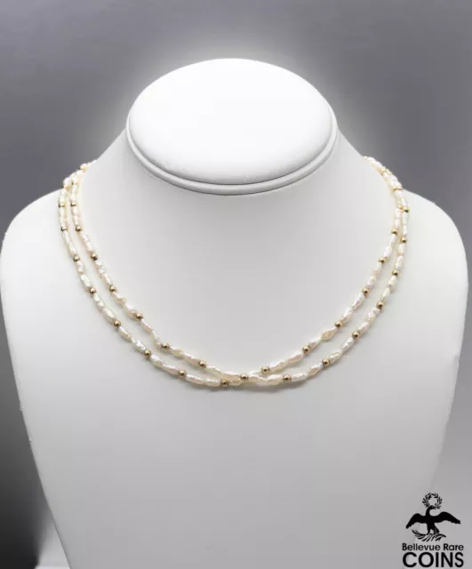 14k Yellow Gold Bead & Double Layered Baroque White Pearl Choker Necklace