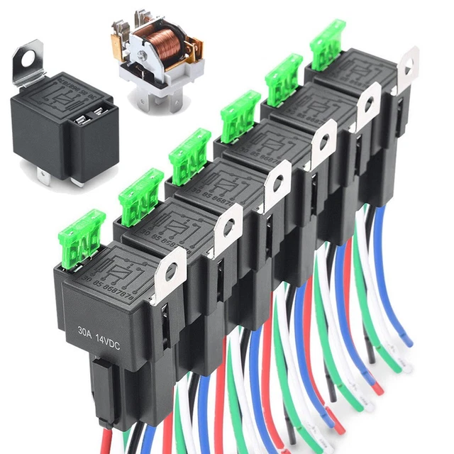 30A Blade Fuse Relay Switch Harness Set 12V 5-Pin SPST 14AWG Automotive Relay*12