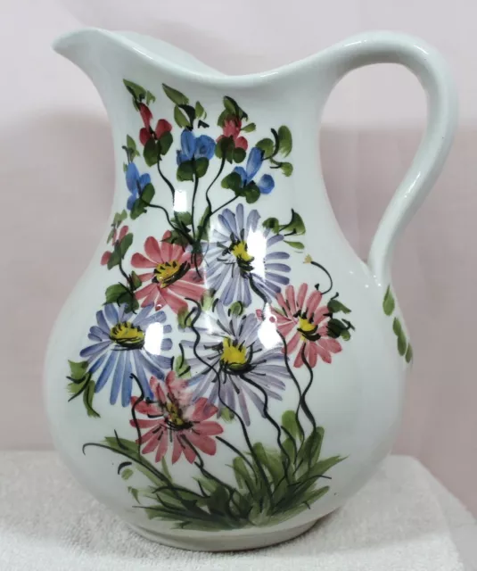 Vintage Ceramic Water Pitcher White with Hand Painted Flowers Signed by Artist