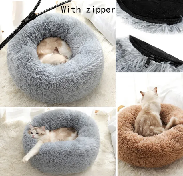 Donut Plush Pet Dog Cat Bed With Zipper Fluffy Calming Bed Sleeping Kennel Nest 2
