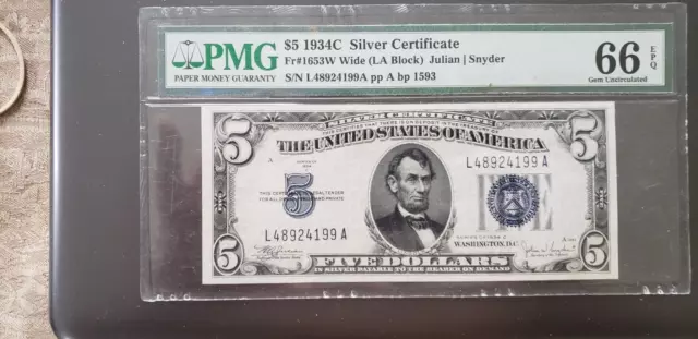 $5 1934C Silver Certificate Fr#1653W Wide (LA Block) PMG 66 EPQ Gem Uncirculated