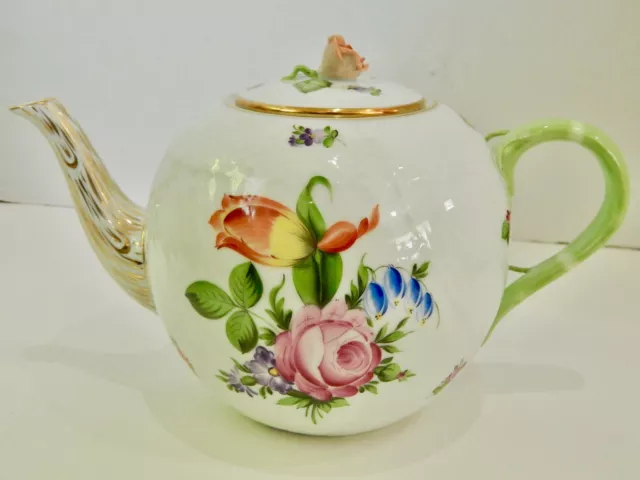 Herend Hungary Printemps Large Teapot w Coral Rose Finial
