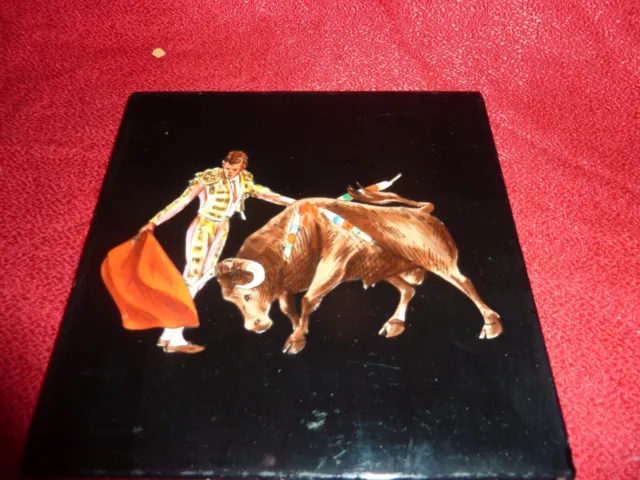 15.2Cm Square Pottery Black Colour Tile With Hand Painted Matador &Bull Fighting 3