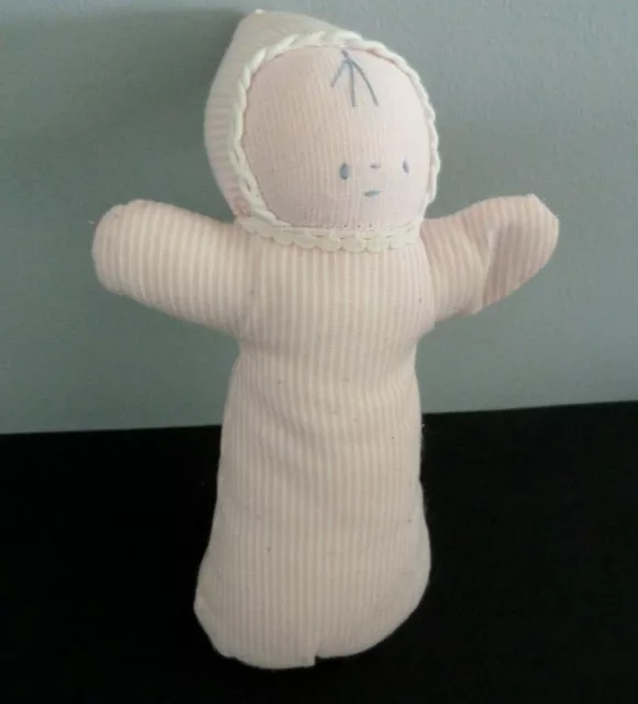 J9- DOUDOU HOCHET POUPEE LUTIN ROSE RAYE BLANC YEUX BLEU GRELOT CAPUCHE 19cm TBE