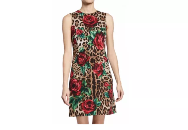 DOLCE & GABBANA Brown Lepard Red Roses Wool Midi Sheath Dress Size 44IT UK12 L