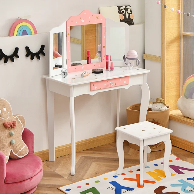 Tavolo da trucco bambini tavolo da parrucchiere con sgabello & cassetto & specchio pieghevole