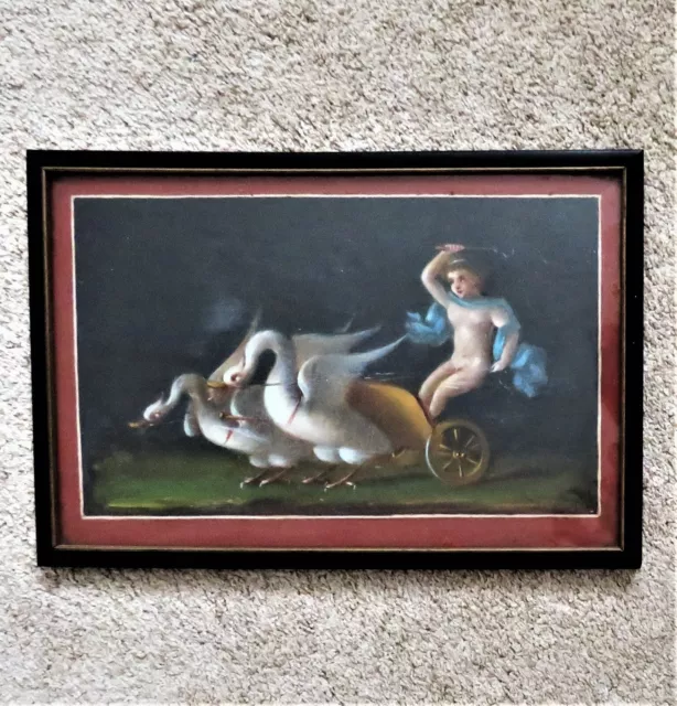 Italian Allegorical Watercolor Painting of Cherub Swans &  Chariot from Pompeii