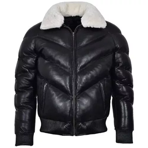New Mens Puffer Leather Jacket Fur Collar WARM Bomber Black REAL LEATHER Jacket