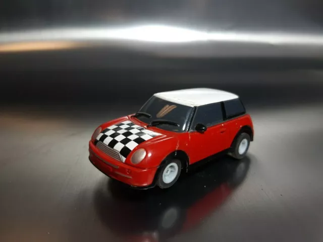 Micro Scalextric Mini Cooper BMW Red Checkered flag working 1:64  Free postage