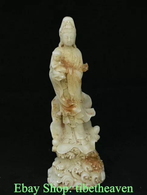 8.4" Old Chinese Han White Jade Carving Kwan-yin Bodhisattva Tongzi Sculpture