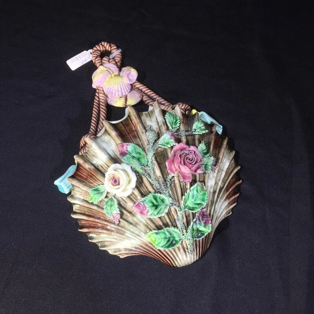 Majolica scollop shell & roses wall vase, C. 1885