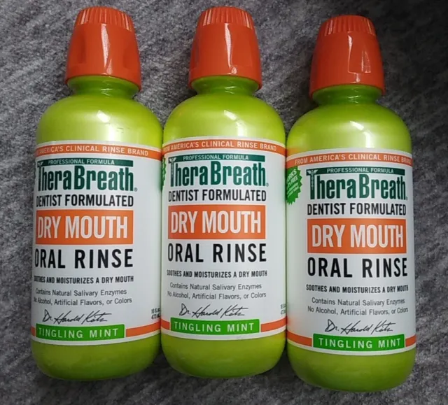 3 Pack  TheraBreath Professional Dry Mouth Oral Rinse Tingling Mint 16 OZ