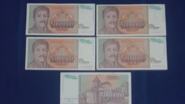 Lot of 5 Bank Notes from Yugoslavia 5,000,000 Dinara 1993