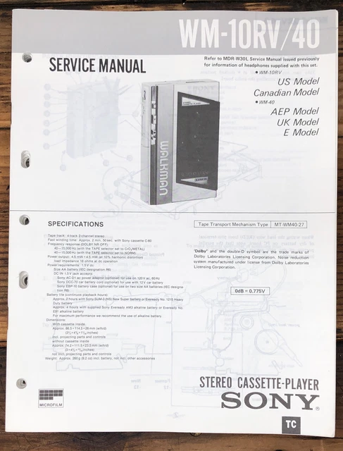 Sony WM-10RV WM-40 Radio Cassette  Service Manual *Original*
