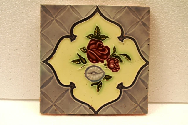 Antique Tile Japan Majolica Art Nouveau Porcelain Floral Rose Architecture "J55