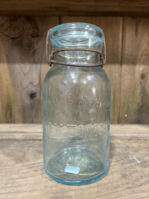Trademark Lightning Putnam Base Aqua Quart Mason Fruit Jar-Ground lip-Old style