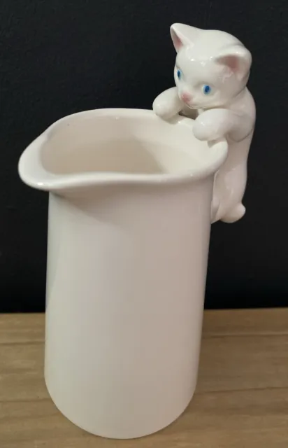Vintage Kitten/Cat Handle Milk Pitcher Jug Creamer White Porcelain-5.5”x 3”