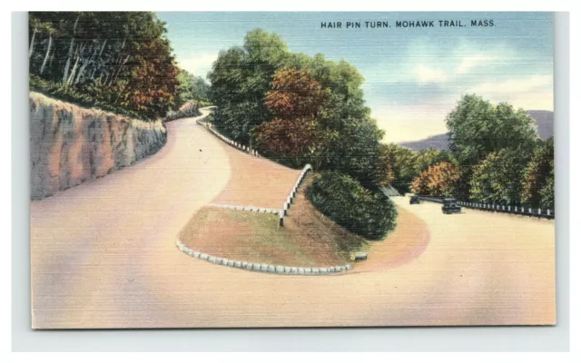 Postcard Linen MA Hairpin Turn Mowhawk Trail Wall Cars Mountains Massachusetts