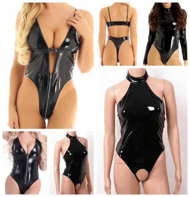 Sexy Women Patent Leather Crotchless Bodysuit Bodycon Latex Romper Jumpsuit Club
