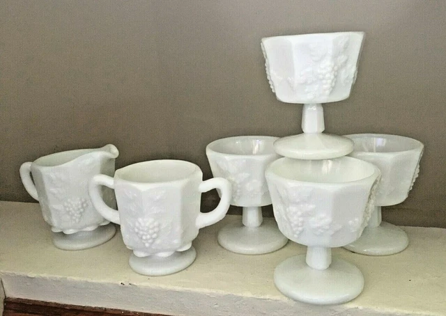 4 Westmoreland Milk Glass Paneled Grape Low Sherbet Pedestal Bowls Creamer Sugar
