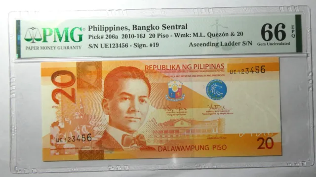 Philippines 2010 Banknote 20 Piso  P-206a PMG66  Fancy Number S/N UE 123456
