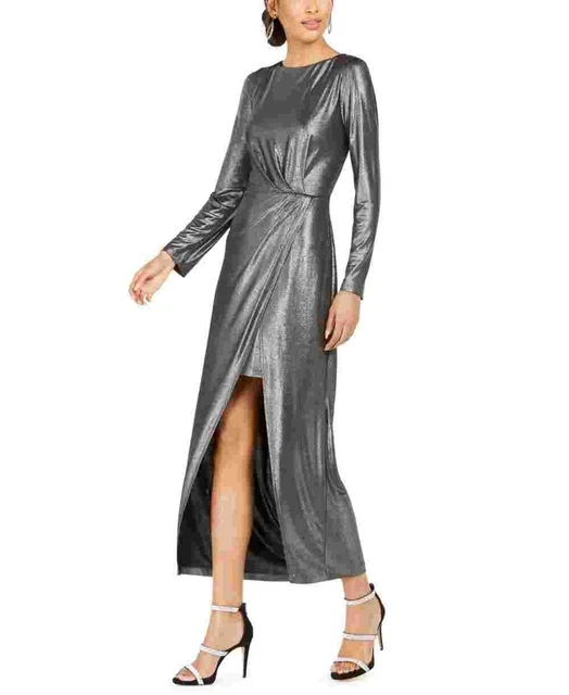 Julia Jordan Women's Front Slit Knit Maxi Dress Metallic Silver Size 14