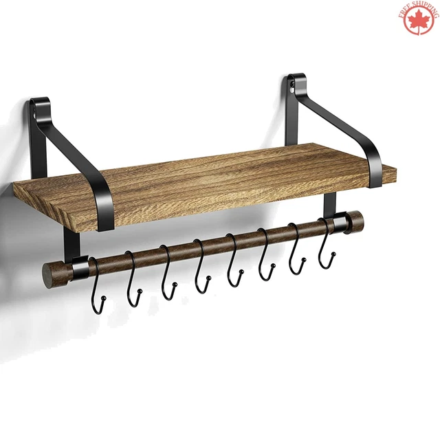 Weathered Wood Shelf - Multi-Functional Spice Rack with Towel Bar & Hooks