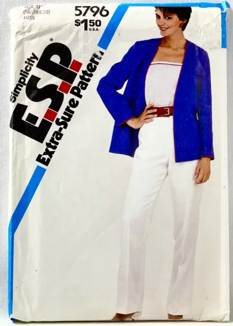 1982 Simplicity Sewing Pattern 5796 Womens Pants Camisole Jacket Sz 16-20 14071