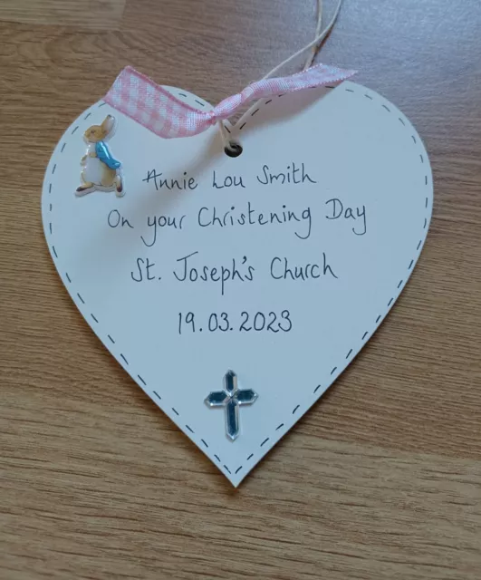 Peter Rabbit Personalised christening gift  heart plaque  blue or pink ribbon