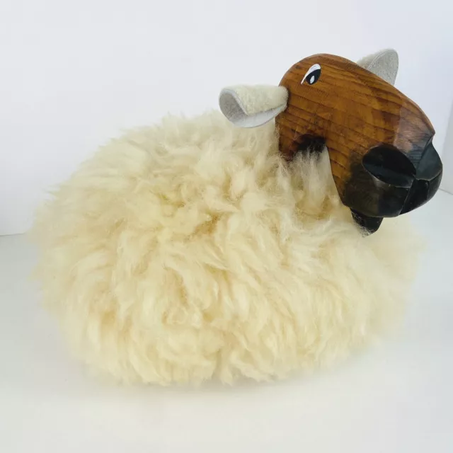 Vtg 8.5" Sheep Figurine Real Shearling Wool Fur Carved Wood Face & Legs