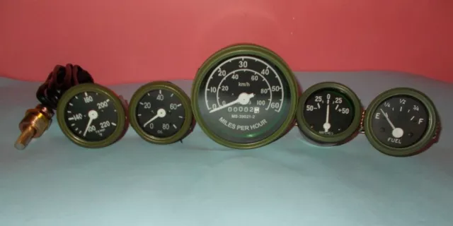 Willys MB Jeep Ford GPW Gauges Kit - Speedometer+Temp+Oil+Fuel+ Ampere (OLIVE)