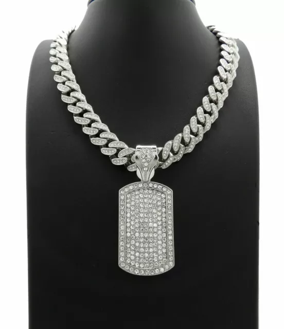 Solid 925 Silver Dog Tag Iced Hip Hop Pendant Necklace - 3 Sizes For Men  Ladies