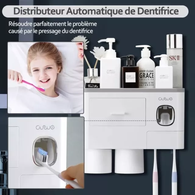Distributeur Automatique de Dentifrice 7 Fentes Mural Brosse à Dents + tiroir 2