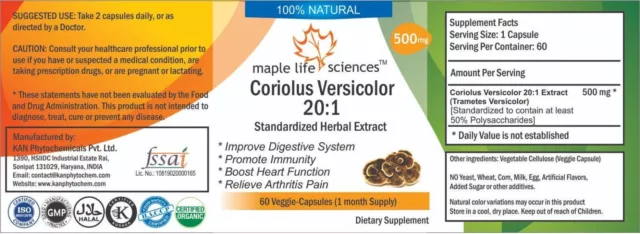 Coriolus Versicolor 20:1 Extract Capsule Trametes Versicolor 50% Polysaccharide