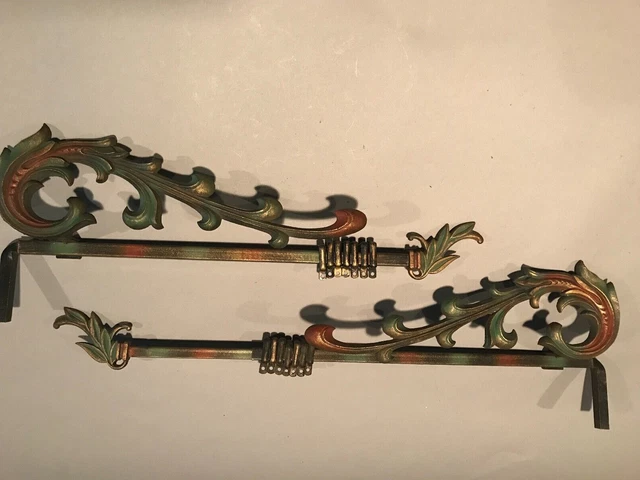 2 Antique Vintage Ornate Cast Iron Swing Arm Adjustable Extending  Curtain Rods.